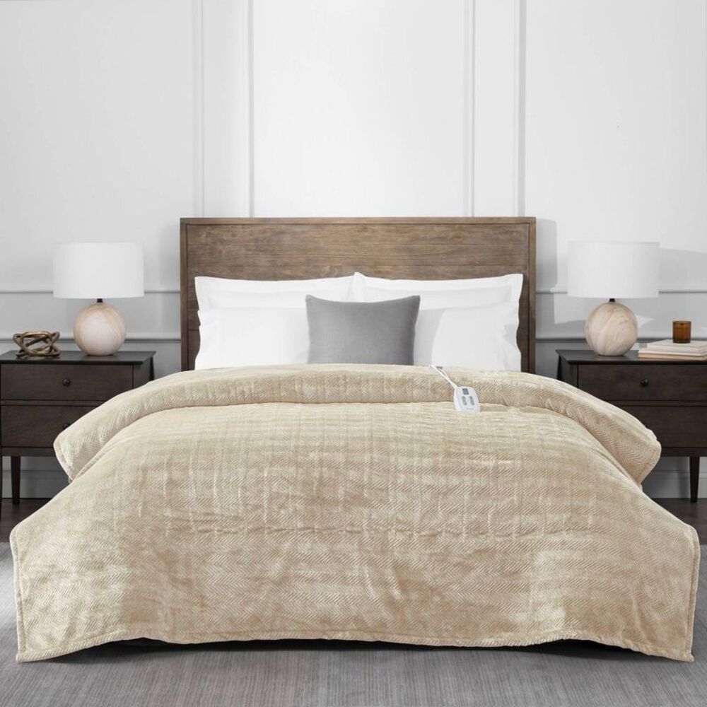 Brookstone Twin Heated Micro Herringbone Blanket Taupe